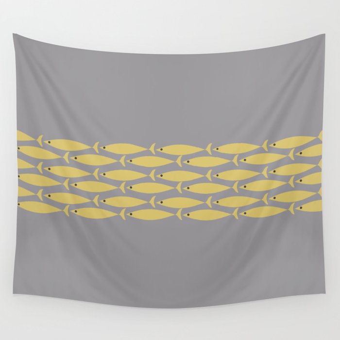 Mid Century Modern Minimalist Fish Stripe Pattern in Retro Gray and Mustard Yellow Wall Tapestry Gallery Image 1