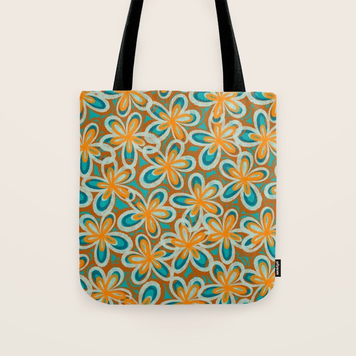 Alice Flowers Retro Floral Pattern Orange Turquoise Teal Rust Tote Bag Gallery Image 1