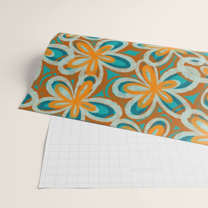 Alice Flowers Retro Floral Pattern Orange Turquoise Teal Rust Wrapping Paper Gallery Image 2