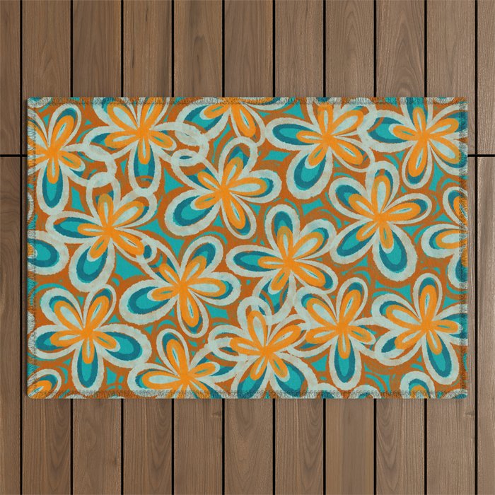 Alice Flowers Retro Floral Pattern Orange Turquoise Teal Rust Outdoor Rug Gallery Image 1