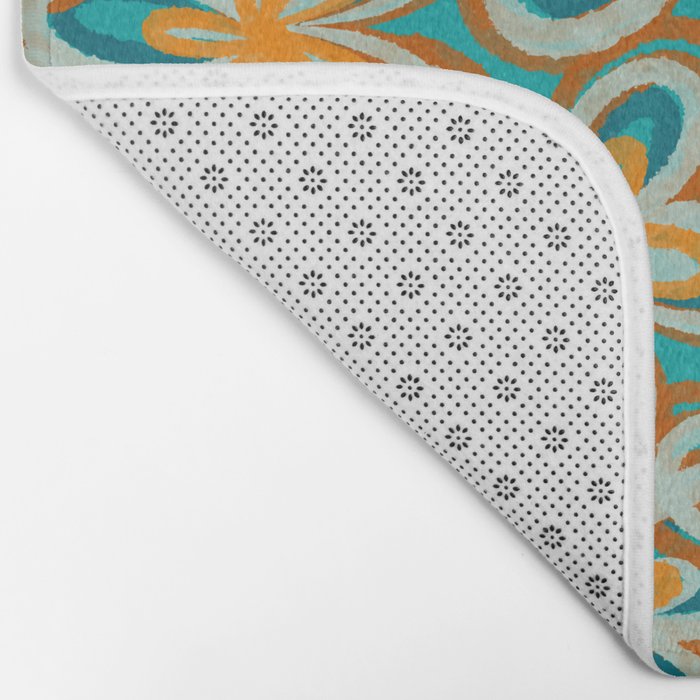 Alice Flowers Retro Floral Pattern Orange Turquoise Teal Rust Bath Mat Gallery Image 2