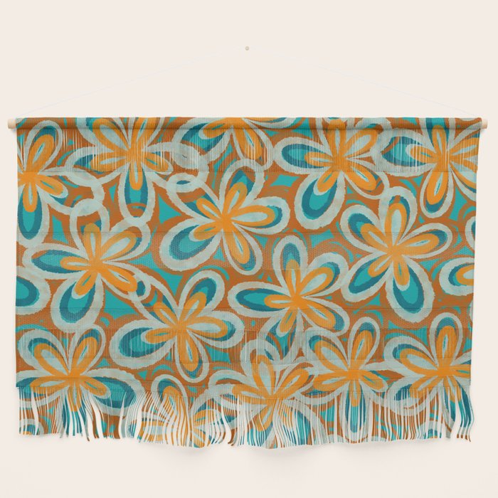 Alice Flowers Retro Floral Pattern Orange Turquoise Teal Rust Wall Hanging Gallery Image 1