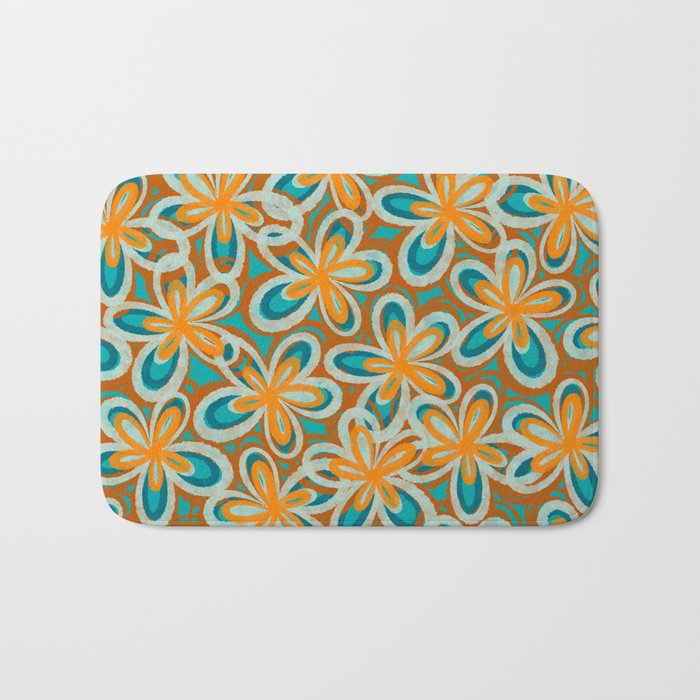 Alice Flowers Retro Floral Pattern Orange Turquoise Teal Rust Bath Mat Gallery Image 1