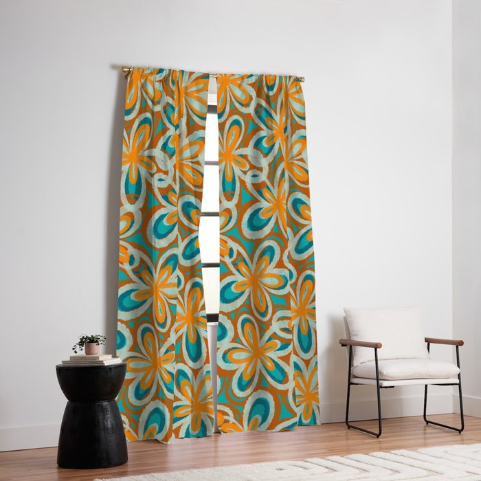 Alice Flowers Retro Floral Pattern Orange Turquoise Teal Rust Window Curtain Gallery Image 2