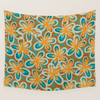 Alice Flowers Retro Floral Pattern Orange Turquoise Teal Rust Wall Tapestry Gallery Image 4
