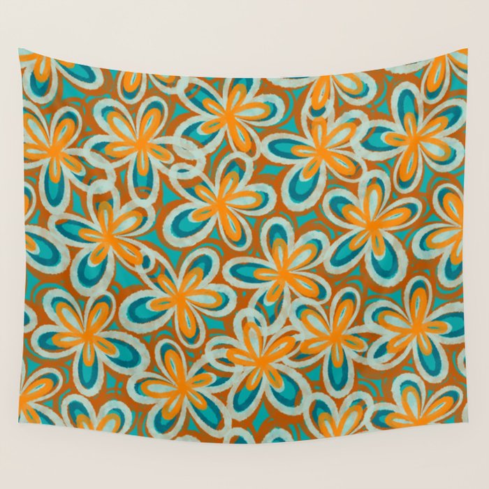Alice Flowers Retro Floral Pattern Orange Turquoise Teal Rust Wall Tapestry Gallery Image 4