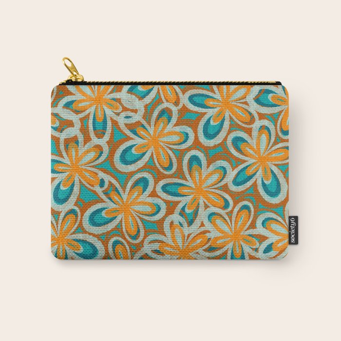 Alice Flowers Retro Floral Pattern Orange Turquoise Teal Rust Carry All Pouch Gallery Image 1