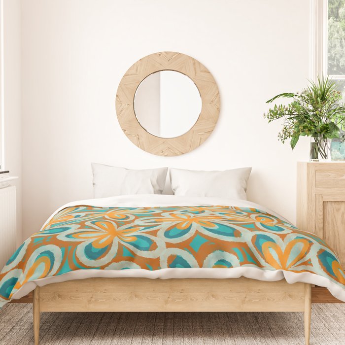 Alice Flowers Retro Floral Pattern Orange Turquoise Teal Rust Duvet Cover Gallery Image 3