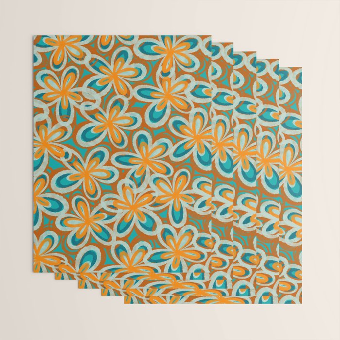 Alice Flowers Retro Floral Pattern Orange Turquoise Teal Rust Wrapping Paper Gallery Image 3