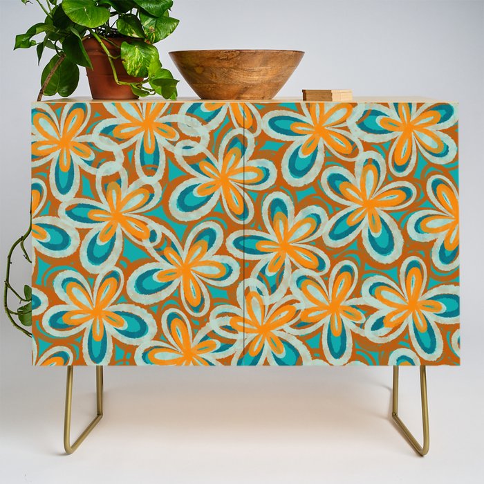 Alice Flowers Retro Floral Pattern Orange Turquoise Teal Rust Credenza Gallery Image 1
