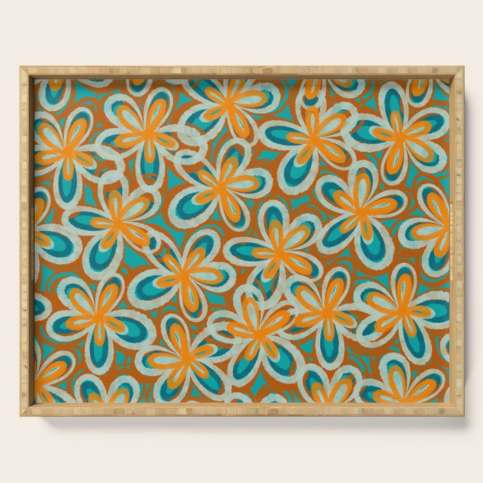 Alice Flowers Retro Floral Pattern Orange Turquoise Teal Rust Serving Tray Gallery Image 1