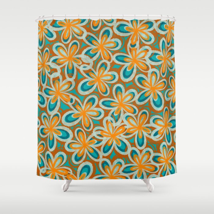 Alice Flowers Retro Floral Pattern Orange Turquoise Teal Rust Shower Curtain Gallery Image 1