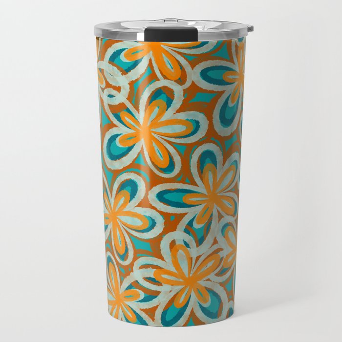 Alice Flowers Retro Floral Pattern Orange Turquoise Teal Rust Travel Mug Gallery Image 1