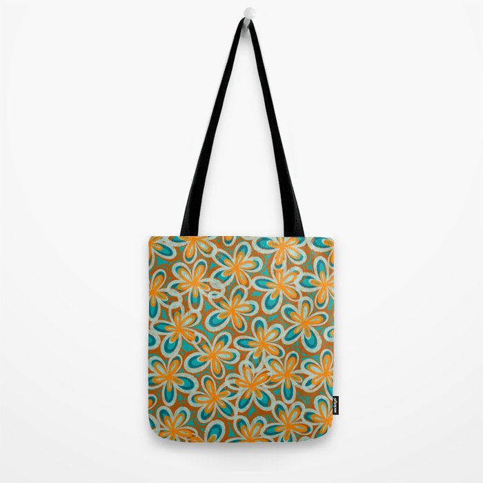 Alice Flowers Retro Floral Pattern Orange Turquoise Teal Rust Tote Bag Gallery Image 2