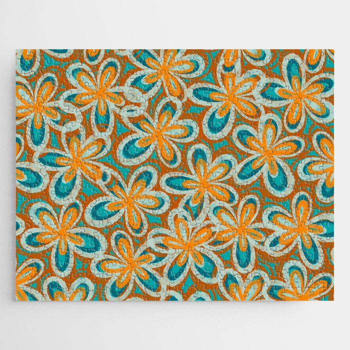 Alice Flowers Retro Floral Pattern Orange Turquoise Teal Rust Jigsaw Puzzle Gallery Image 1