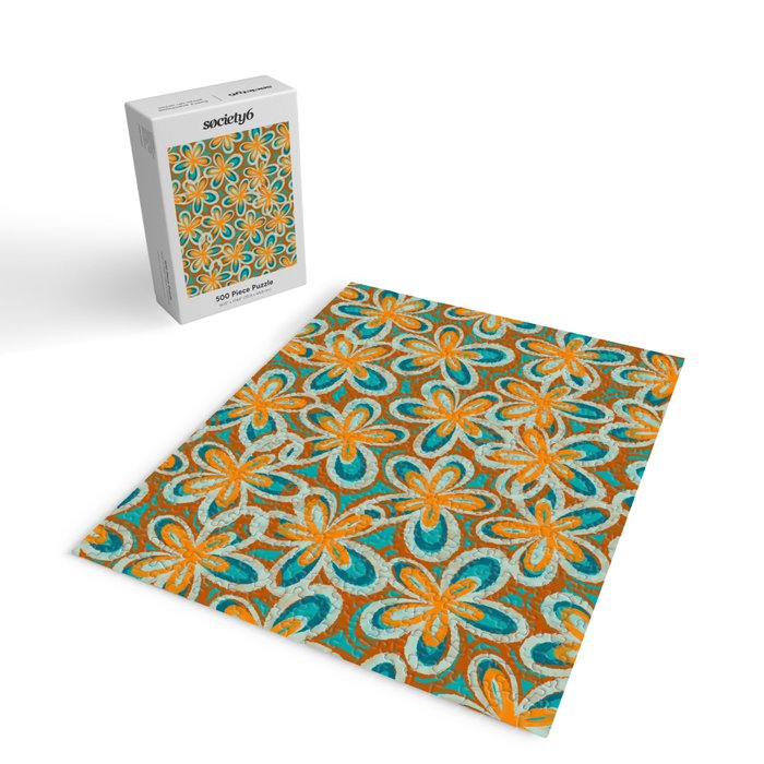 Alice Flowers Retro Floral Pattern Orange Turquoise Teal Rust Jigsaw Puzzle Gallery Image 2