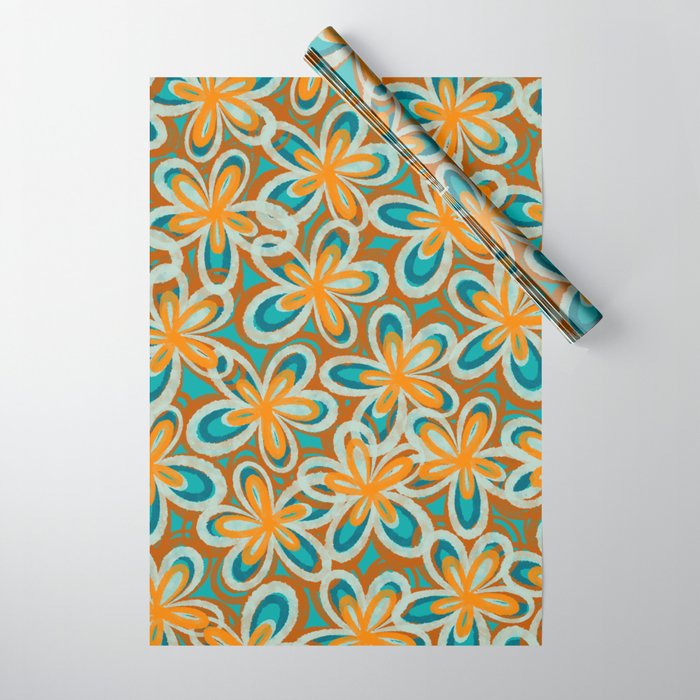 Alice Flowers Retro Floral Pattern Orange Turquoise Teal Rust Wrapping Paper Gallery Image 1