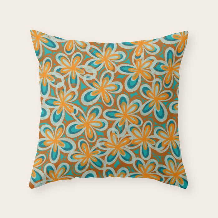 Alice Flowers Retro Floral Pattern Orange Turquoise Teal Rust Throw Pillow Gallery Image 6