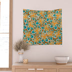 Alice Flowers Retro Floral Pattern Orange Turquoise Teal Rust Wall Tapestry Gallery Image 2