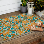 Alice Flowers Retro Floral Pattern Orange Turquoise Teal Rust Outdoor Rug Gallery Image 2