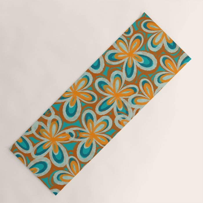 Alice Flowers Retro Floral Pattern Orange Turquoise Teal Rust Yoga Mat Gallery Image 1