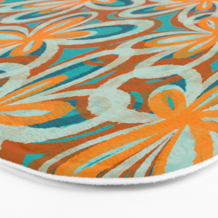 Alice Flowers Retro Floral Pattern Orange Turquoise Teal Rust Bath Mat Gallery Image 3