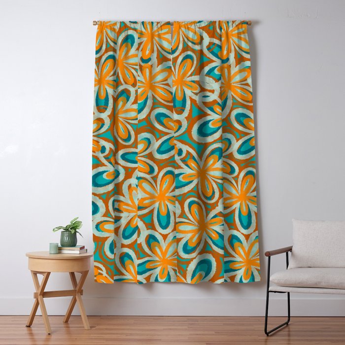 Alice Flowers Retro Floral Pattern Orange Turquoise Teal Rust Window Curtain Gallery Image 1