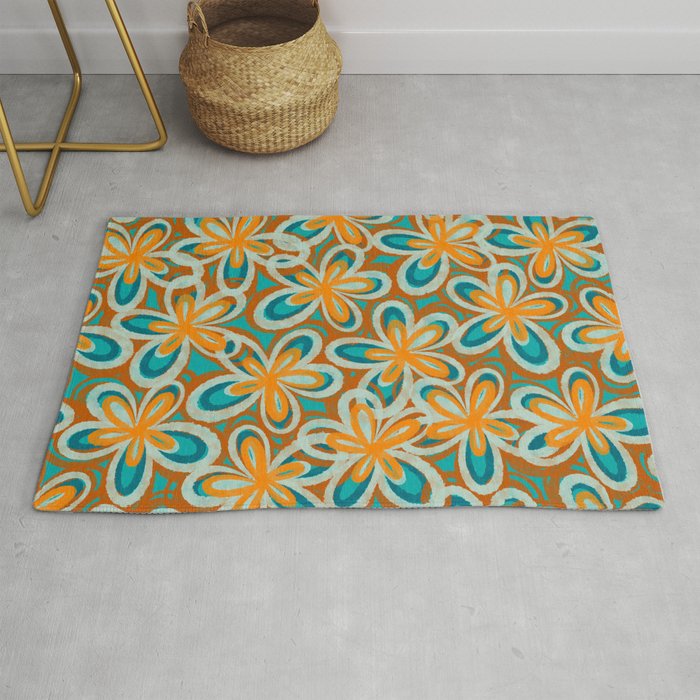 Alice Flowers Retro Floral Pattern Orange Turquoise Teal Rust Rug Gallery Image 1