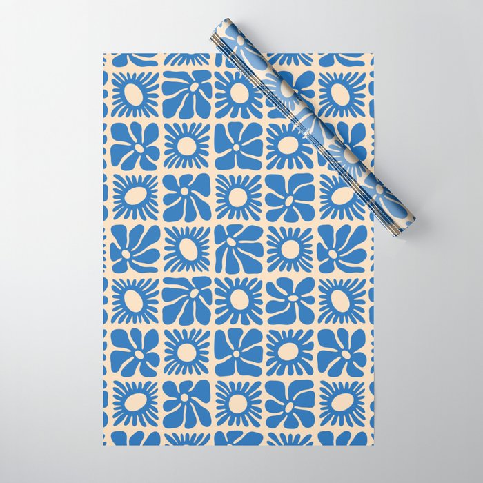 Abstract blue retro flower art pattern Wrapping Paper Gallery Image 1