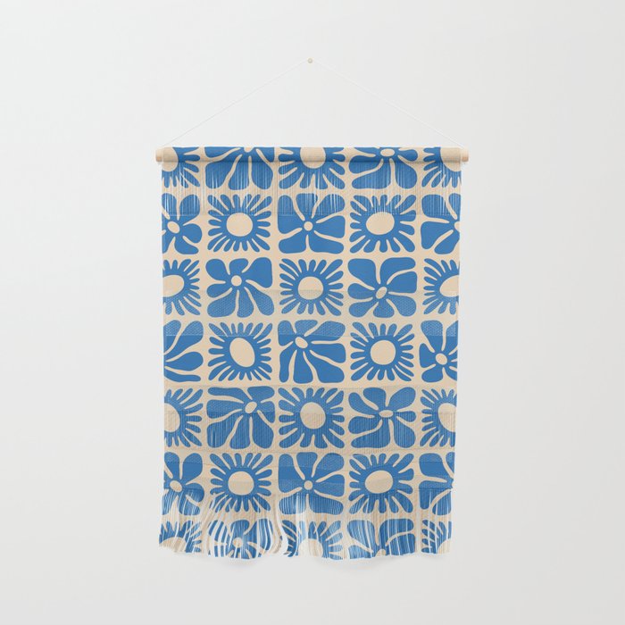 Abstract blue retro flower art pattern Wall Hanging Gallery Image 1