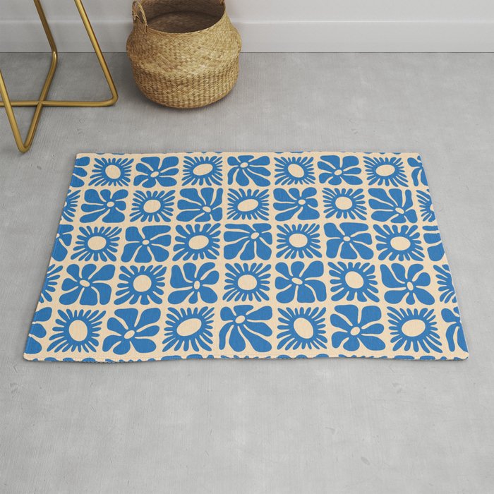 Abstract blue retro flower art pattern Rug Gallery Image 1