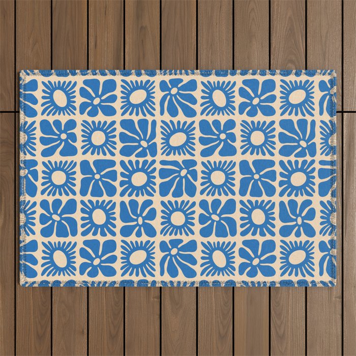 Abstract blue retro flower art pattern Outdoor Rug Gallery Image 1