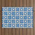 Abstract blue retro flower art pattern Outdoor Rug Gallery Image 1