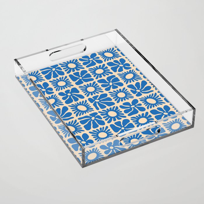 Abstract blue retro flower art pattern Acrylic Tray Gallery Image 1