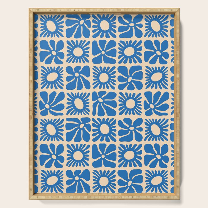Abstract blue retro flower art pattern Serving Tray Gallery Image 1