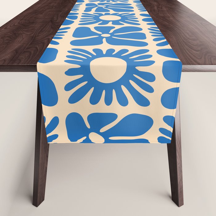 Abstract blue retro flower art pattern Table Runner Gallery Image 1