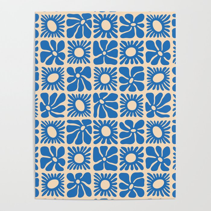 Abstract blue retro flower art pattern Poster Gallery Image 1