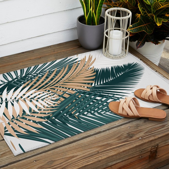Gold and Green Palm Leaves Outdoor Rug Gallery Image 2