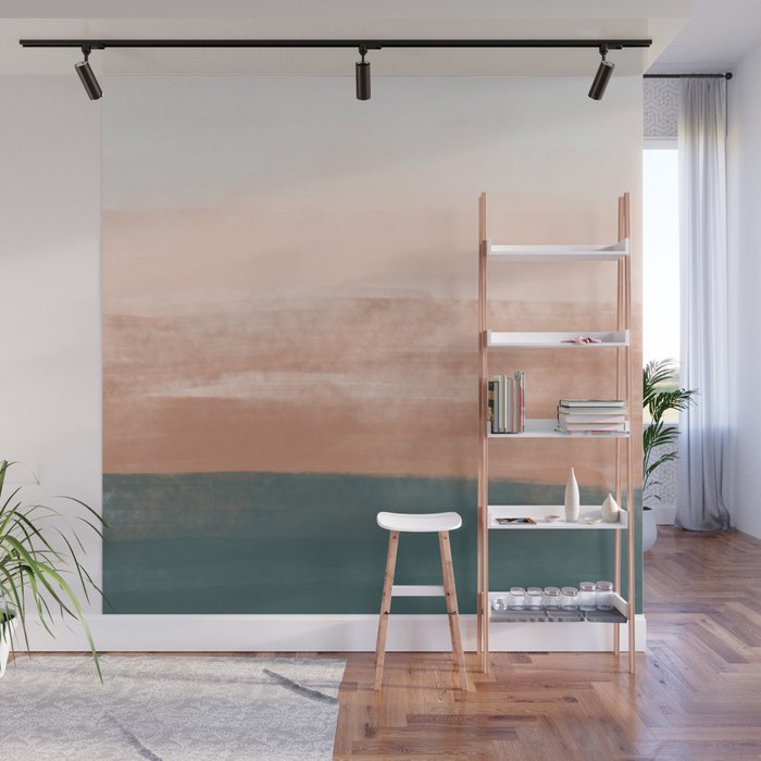 Desert Dream Waves_ Teal Green & perfectly pale Pink_ brush strokes abstract painting Wall Mural Gallery Image 1