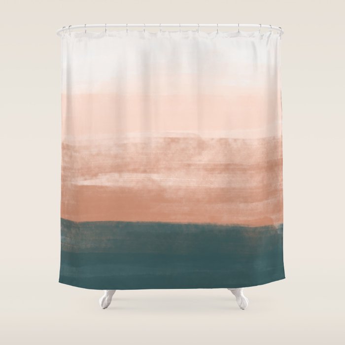 Desert Dream Waves_ Teal Green & perfectly pale Pink_ brush strokes abstract painting Shower Curtain Gallery Image 1