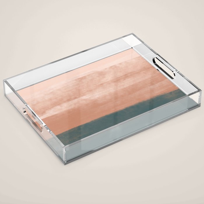 Desert Dream Waves_ Teal Green & perfectly pale Pink_ brush strokes abstract painting Acrylic Tray Gallery Image 1