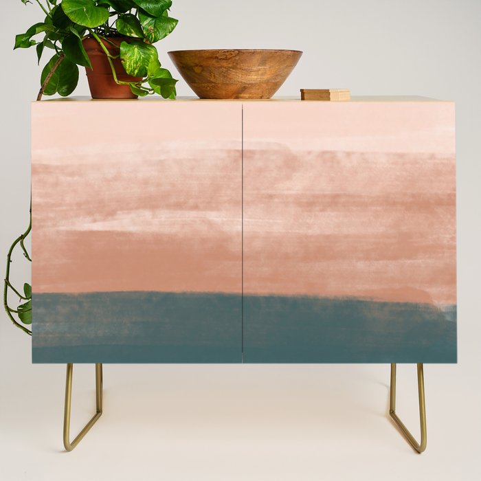 Desert Dream Waves_ Teal Green & perfectly pale Pink_ brush strokes abstract painting Credenza Gallery Image 1
