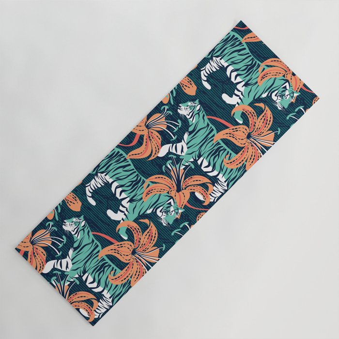 Tigers in a tiger lily garden // textured navy blue background spearmint green wild animals papaya orange flowers Yoga Mat Gallery Image 1