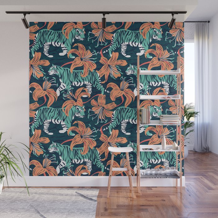 Tigers in a tiger lily garden // textured navy blue background spearmint green wild animals papaya orange flowers Wall Mural Gallery Image 1