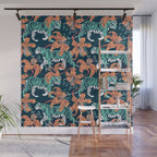 Tigers in a tiger lily garden // textured navy blue background spearmint green wild animals papaya orange flowers Wall Mural Gallery Image 1