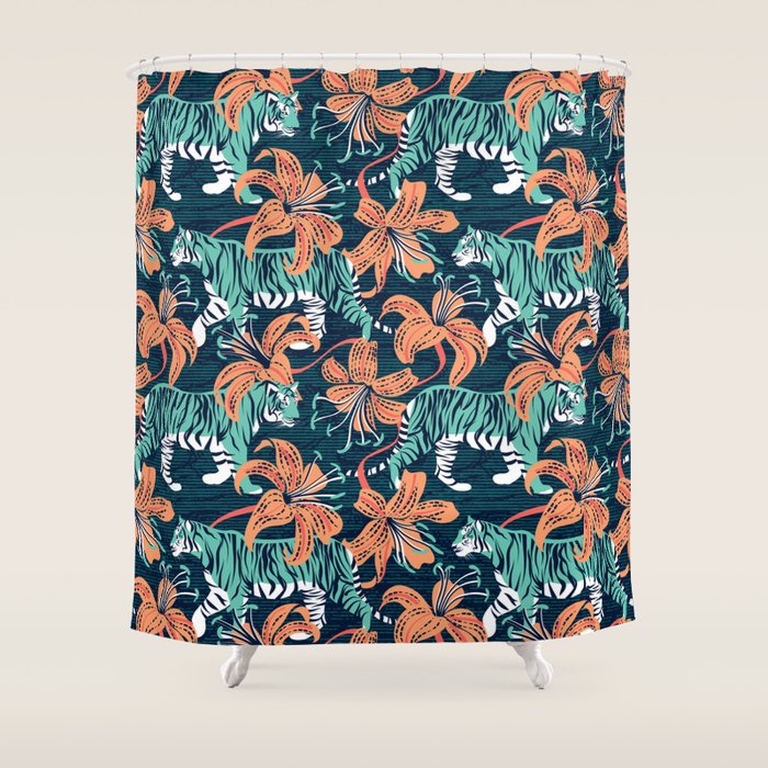 Tigers in a tiger lily garden // textured navy blue background spearmint green wild animals papaya orange flowers Shower Curtain Gallery Image 1