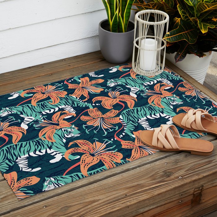 Tigers in a tiger lily garden // textured navy blue background spearmint green wild animals papaya orange flowers Outdoor Rug Gallery Image 2