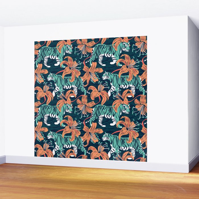 Tigers in a tiger lily garden // textured navy blue background spearmint green wild animals papaya orange flowers Wall Mural Gallery Image 2
