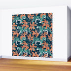 Tigers in a tiger lily garden // textured navy blue background spearmint green wild animals papaya orange flowers Wall Mural Gallery Image 2