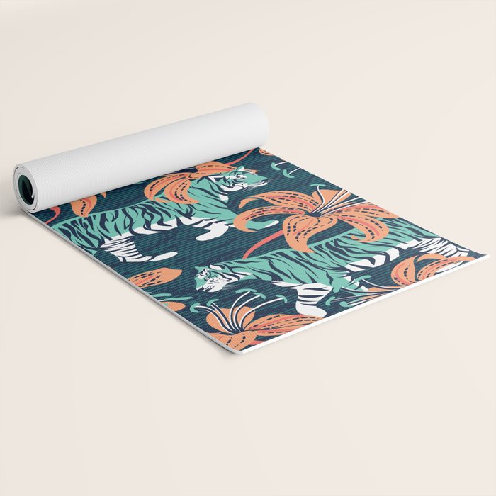 Tigers in a tiger lily garden // textured navy blue background spearmint green wild animals papaya orange flowers Yoga Mat Gallery Image 2